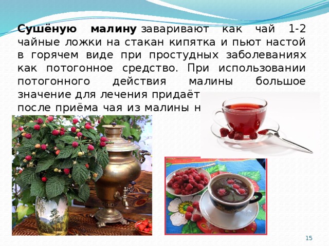 Сушёную малину  заваривают как чай 1-2 чайные ложки на стакан кипятка и пьют настой в горячем виде при простудных заболеваниях как потогонное средство. При использовании потогонного действия малины большое значение для лечения придаётся условию, когда после приёма чая из малины необходимо лечь в постель.  