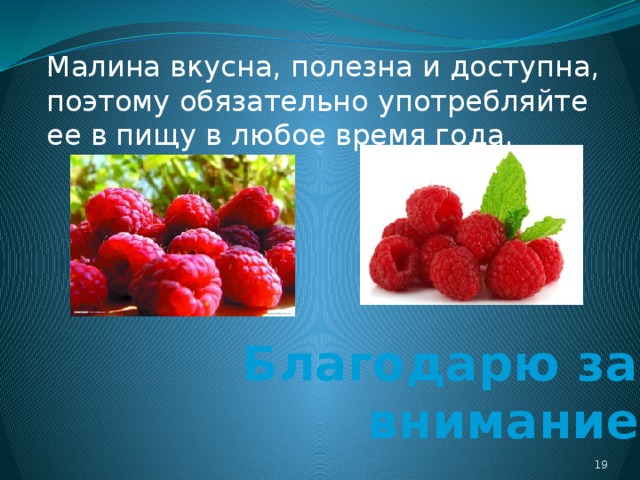 Малина вкусна, полезна и доступна, поэтому обязательно употребляйте ее в пищу в любое время года. Благодарю за внимание  