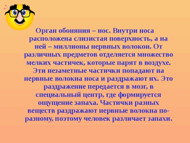   Орган обоняния – нос. Внутри носа расположена слизистая поверхность, а на ней – миллионы нервных волокон. От различных предметов отделяется множество мелких частичек, которые парят в воздухе. Эти незаметные частички попадают на нервные волокна носа и раздражают их. Это раздражение передается в мозг, в специальный центр, где формируется ощущение запаха. Частички разных веществ раздражают нервные волокна по-разному, поэтому человек различает запахи. 