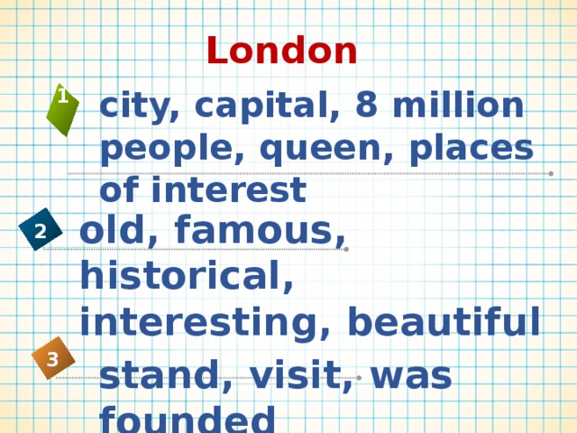 London city, capital, 8 million people, queen, places of interest 1 old, famous, historical, interesting, beautiful 2 3 stand, visit, was founded 