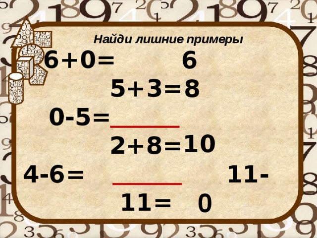 Найди лишние примеры 6+0= 5+3= 0-5= 2+8= 4-6= 11-11= 6 8 10 0