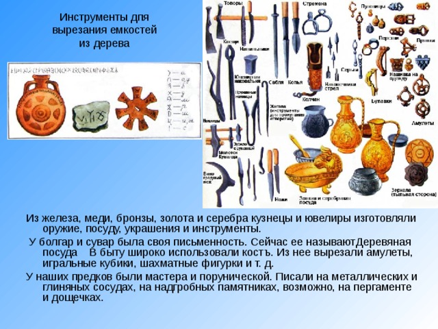 Инструменты дпя вырезания емкостей из дерева Из железа, меди, бронзы, золота и серебра кузнецы и ювелиры изготовляли оружие, посуду, украшения и инструменты.   У болгар и сувар была своя письменность. Сейчас ее называютДеревяная  посуда    В быту широко использовали костъ. Из нее вырезали амулеты, игральные кубики, шахматные фигурки и т. д. У наших предков были мастера и порунической. Писали на металлических и глиняных сосудах, на надгробных памятниках, возможно, на пергаменте и дощечках.   