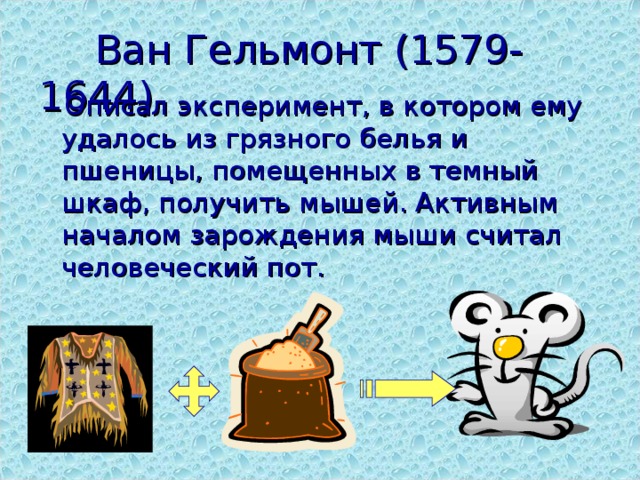  Ван Гельмонт (1579-1644)    Описал эксперимент, в котором ему удалось из грязного белья и пшеницы, помещенных в темный шкаф, получить мышей. Активным началом зарождения мыши считал человеческий пот. 