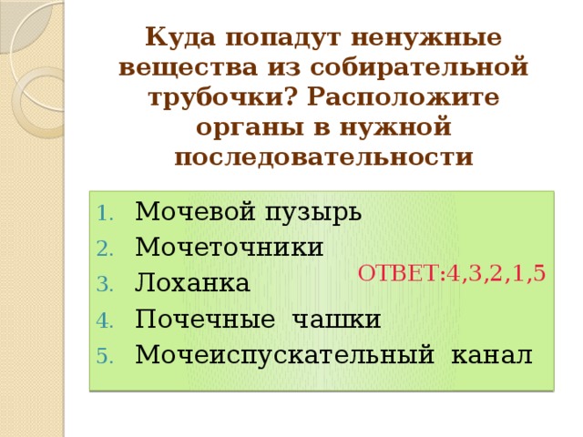 Куда попадут ненужные вещества из собирательной трубочки? Расположите органы в нужной последовательности Мочевой пузырь Мочеточники Лоханка Почечные чашки Мочеиспускательный канал ОТВЕТ:4,3,2,1,5  