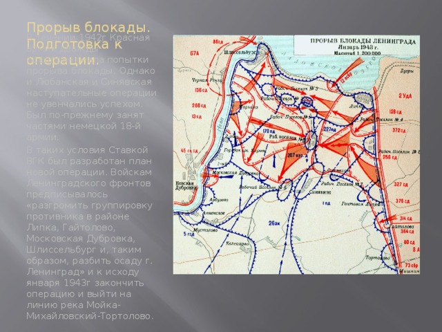 Прорыв блокады.  Подготовка к операции. В течении 1942г Красная армия дважды предпринимала попытки прорыва блокады. Однако и Любанская и Синявская наступательные операции не увенчались успехом. Был по-прежнему занят частями немецкой 18-й армии. В таких условия Ставкой ВГК был разработан план новой операции. Войскам Ленинградского фронтов предписывалось «разгромить группировку противника в районе Липка, Гайтолово, Московская Дубровка, Шлиссельбург и, таким образом, разбить осаду г. Ленинград» и к исходу января 1943г закончить операцию и выйти на линию река Мойка-Михайловский-Тортолово. 