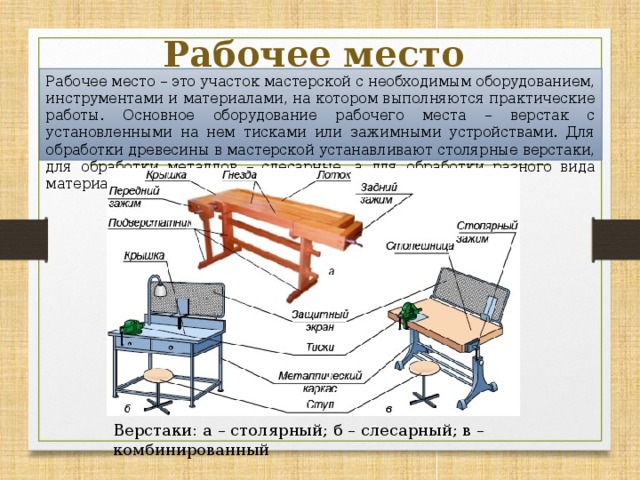  Рабочее место Рабочее место – это участок мастерской с необходимым оборудованием, инструментами и материалами, на котором выполняются практические работы. Основное оборудование рабочего места – верстак с установленными на нем тисками или зажимными устройствами. Для обработки древесины в мастерской устанавливают столярные верстаки, для обработки металлов – слесарные, а для обработки разного вида материалов – комбинированные Верстаки: а – столярный; б – слесарный; в – комбинированный 