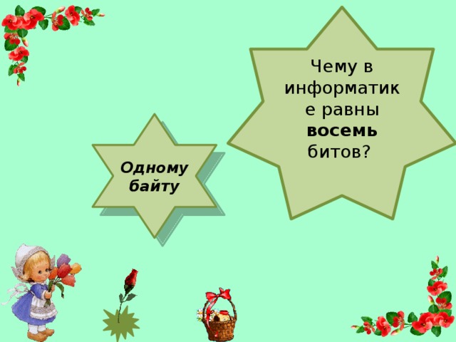 Чему в информатике равны восемь битов? Одному байту