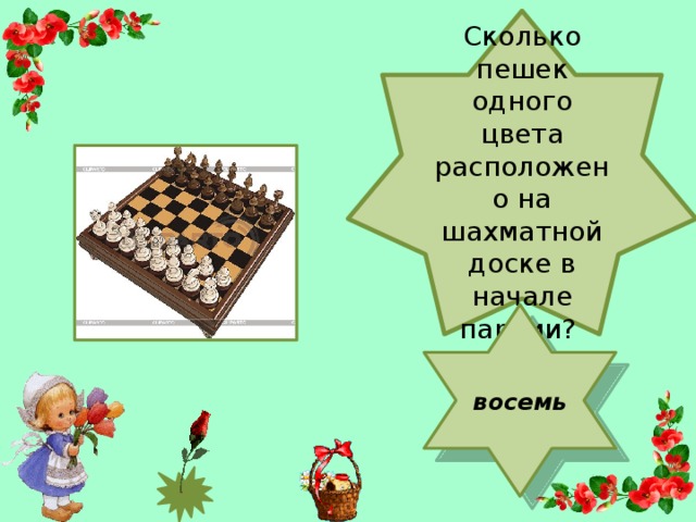 Сколько пешек одного цвета расположено на шахматной доске в начале партии? восемь
