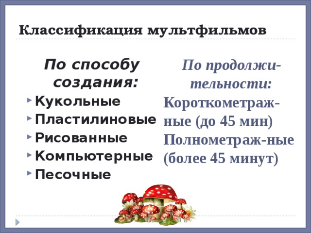 Классификация мультфильмов По продолжи-тельности: Короткометраж-ные (до 45 мин) По способу создания: Кукольные Пластилиновые Рисованные Компьютерные Песочные Полнометраж-ные (более 45 минут) 
