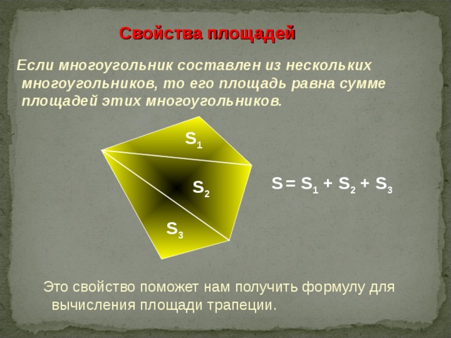  Свойства площадей  Если многоугольник составлен из нескольких многоугольников, то его площадь равна сумме площадей этих многоугольников. S 1 S  = S 1 + S 2 + S 3 S 2 S 3  Это свойство поможет нам получить формулу для вычисления площади трапеции. 