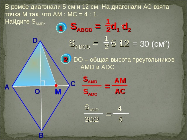 В ромбе диагонали 5 см и 12 см. На диагонали АС взята точка М так, что АМ : МС = 4 : 1. Найдите S AMD . 1 S ABCD = d 1 d 2 1 2 1 D S ABCD = 5 12 = 30 (c м 2 ) 2 2 DO – общая высота треугольников А MD и А D С S AMD AM С  = А  AC S ADC О M Б.Г.Зив, В.М. Мейлер «Дидактические материалы по геометрии. 8 класс» S AMD  4  =  5 30:2 В 9 