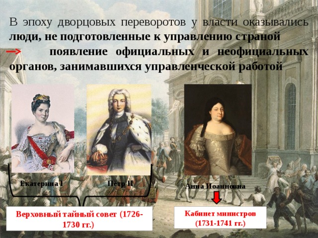 В эпоху дворцовых переворотов у власти оказывались люди, не подготовленные к управлению страной  появление официальных и неофициальных органов, занимавшихся управленческой работой Екатерина I Пётр II Анна Иоанновна Верховный тайный совет (1726-1730 гг.) Кабинет министров (1731-1741 гг.) 