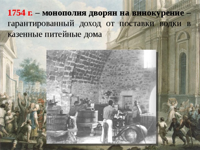 1754 г. – монополия дворян на винокурение – гарантированный доход от поставки водки в казенные питейные дома 
