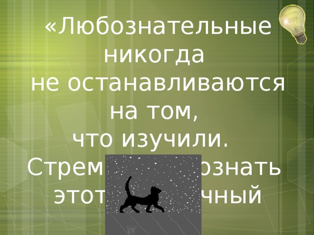 «Любознательные никогда не останавливаются на том, что изучили. Стремитесь познать этот загадочный мир!» 