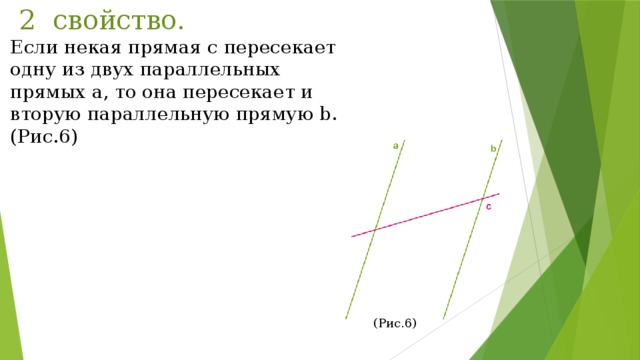  2 свойство. Если некая прямая c пересекает одну из двух параллельных прямых a, то она пересекает и вторую параллельную прямую b. (Рис.6) (Рис.6) 