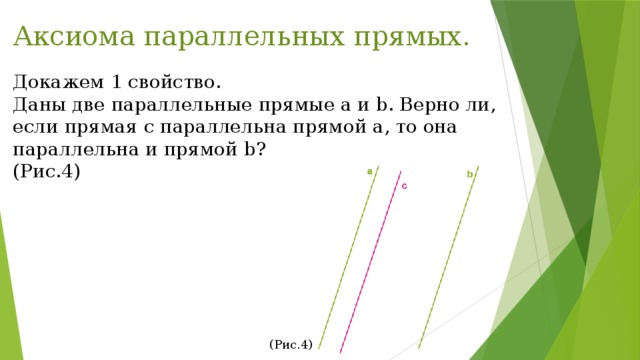 Аксиома параллельных прямых. Докажем 1 свойство. Даны две параллельные прямые a и b. Верно ли, если прямая c параллельна прямой a, то она параллельна и прямой b? (Рис.4) (Рис.4) 