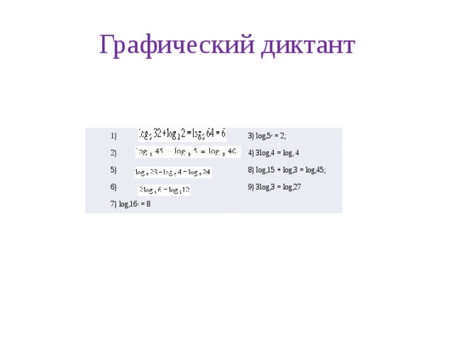 Графический диктант 1)    3) log 5 5 3  = 2; 2)  4) 3log 2 4 = log 2  4 5)   8) log 3 15 + log 3 3 = log 3 45; 6)  9) 3log 2 3 = log 2 27 7) log 2 16 2  = 8   