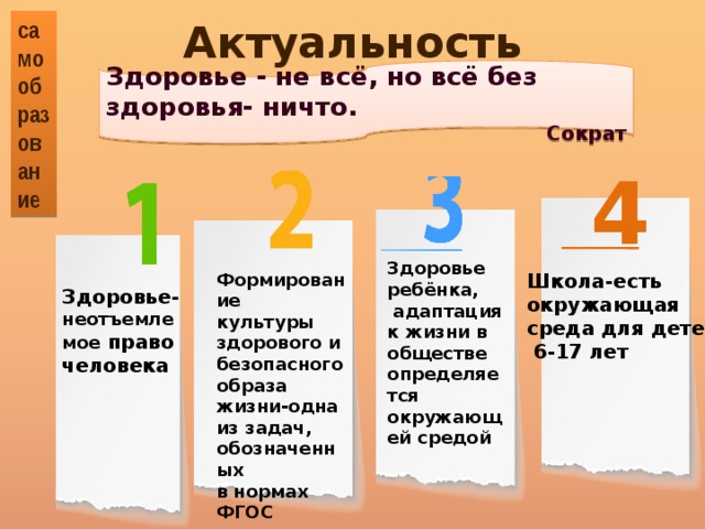 Актуальность самообразование Здоровье - не всё, но всё без здоровья- ничто. Сократ 4 Здоровье ребёнка,  адаптация к жизни в обществе определяется окружающей средой Формирование культуры здорового и безопасного образа жизни-одна из задач, Школа-есть обозначенных окружающая в нормах ФГОС среда для детей  6-17 лет Здоровье- неотъемлемое право человека 