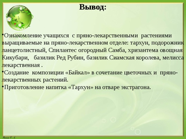 Вывод: Ознакомление учащихся с пряно-лекарственными растениями выращиваемые на пряно-лекарственном отделе: тархун, подорожник ланцетолистный, Спилантес огородный Самба, хризантема овощная Кикубари,   базилик Ред Рубин, базилик Сиамская королева, мелисса лекарственная . Создание композиции «Байкал» в сочетание цветочных и пряно-лекарственных растений. Приготовление напитка «Тархун» на отваре экстрагона. 