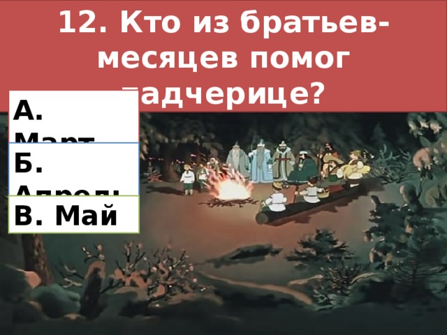 12. Кто из братьев-месяцев помог падчерице? А. Март Б. Апрель В. Май 