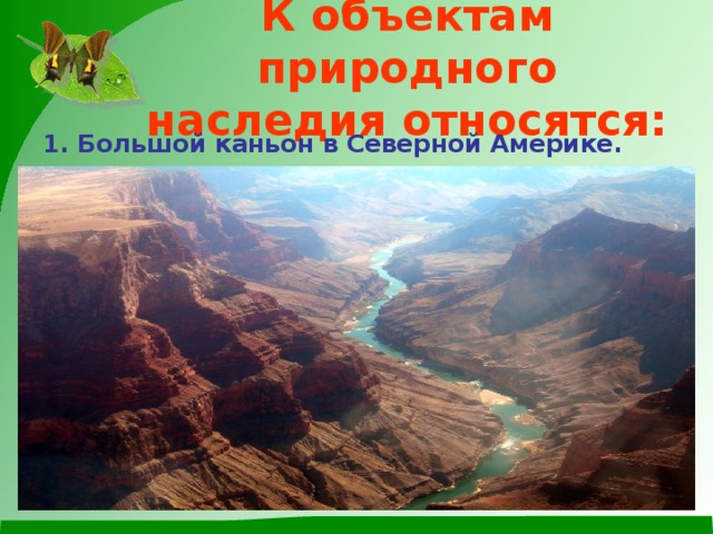 К объектам природного наследия относятся: 1. Большой каньон в Северной Америке.  