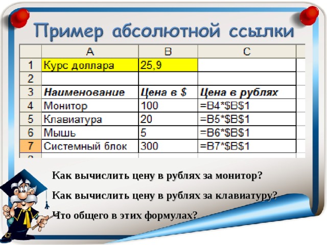 Как вычислить цену в рублях за монитор? Как вычислить цену в рублях за клавиатуру? Что общего в этих формулах? 