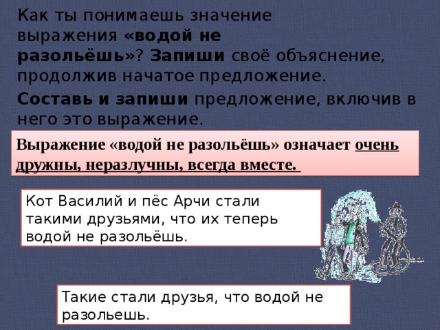 Как вы понимаете значение выражения. Водой не разольешь предложение. Выражение водой не разольешь. Предложение с фразеологизмом водой не разольешь. Предложение со словами водой не разольешь.