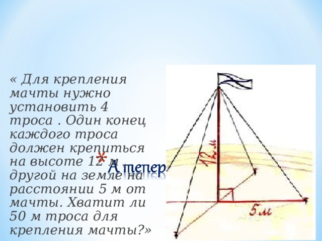 « Для крепления мачты нужно установить 4 троса . Один конец каждого троса должен крепиться на высоте 12 м , другой на земле на расстоянии 5 м от мачты. Хватит ли 50 м троса для крепления мачты?» 