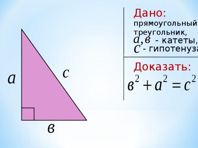 Дано: прямоугольный треугольник, - катеты, - гипотенуза Доказать: 