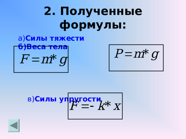 2. Полученные формулы:  а) Силы тяжести б)Веса тела   в) Силы упругости   