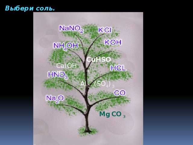 Выбери соль. CuНSO 4 Ca(ОН)F Al 2 (SO 4 ) 3  Mg  CO 3 