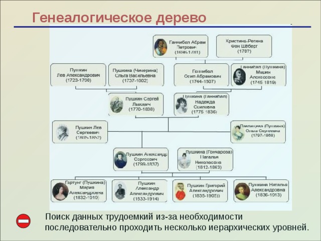 Генеалогическое дерево Поиск данных трудоемкий из-за необходимости последовательно проходить несколько иерархических уровней.