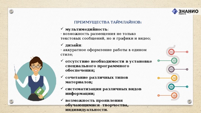 ПРЕИМУЩЕСТВА ТАЙМЛАЙНОВ:  мультимедийность : - возможность размещения не только текстовых сообщений, но и графики и видео; дизайн : - аккуратное оформление работы в едином стиле; отсутствие необходимости в установке специального программного обеспечения;  сочетание различных типов материалов;  систематизация различных видов информации;