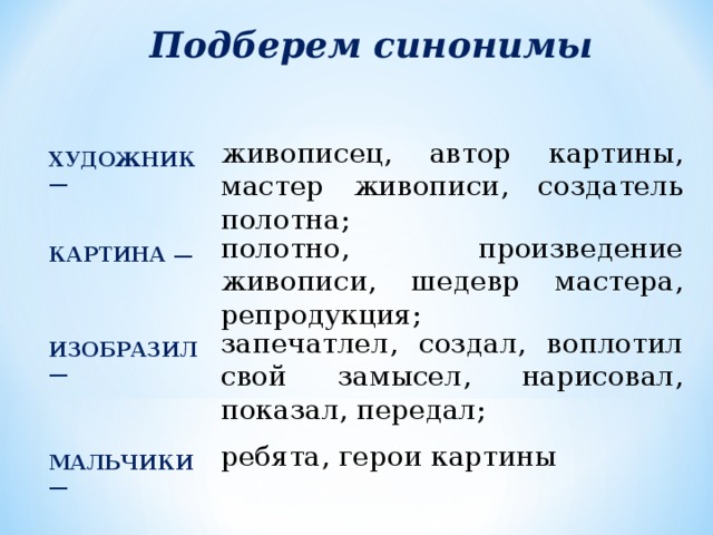 Подберем синонимы живописец, автор картины, мастер живописи, создатель полотна; ХУДОЖНИК — полотно, произведение живописи, шедевр мастера, репродукция; КАРТИНА — запечатлел, создал, воплотил свой замысел, нарисовал, показал, передал; ИЗОБРАЗИЛ — ребята, герои картины МАЛЬЧИКИ — 