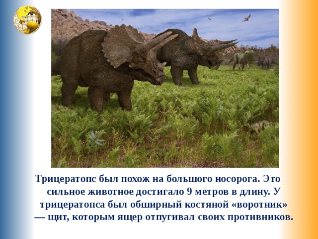 Трицератопс был похож на большого носорога. Это сильное животное достигало 9 метров в длину. У трицератопса был обширный костяной «воротник» — щит, которым ящер отпугивал своих противников. 