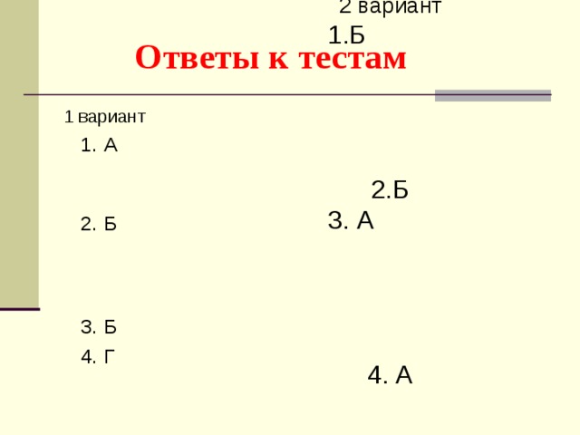 2 вариант  1.Б  2.Б  3. А  4. А  Ответы к тестам 1. А  2. Б  3. Б  4. Г