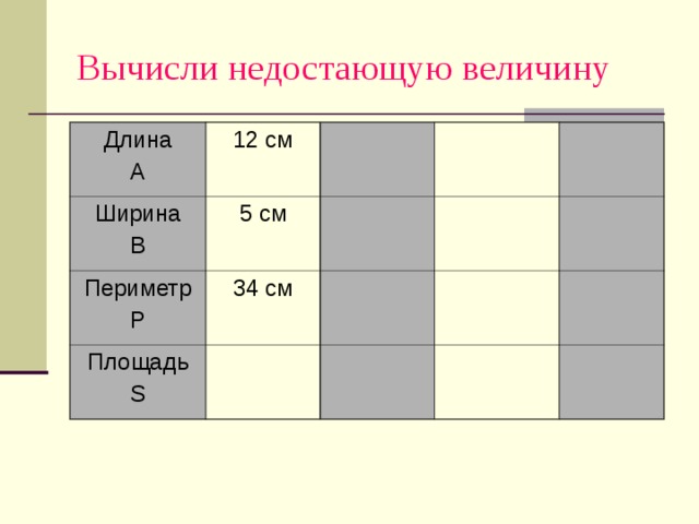 Вычисли недостающую величину Длина A 12 см Ширина B 5 см Периметр P 34 см Площадь S