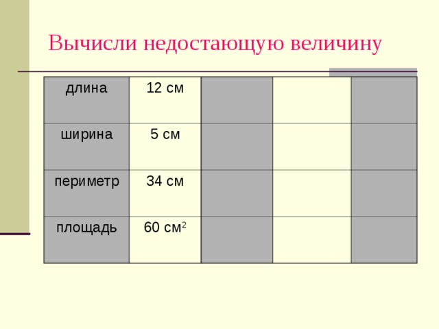 Вычисли недостающую величину длина 12 см ширина 5 см периметр 34 см площадь 60 см 2