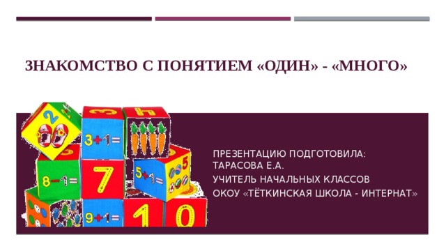 Знакомство с понятием «один» - «много» Презентацию подготовила: Тарасова Е.А. учитель начальных классов ОКОУ «Тёткинская школа - интернат» 