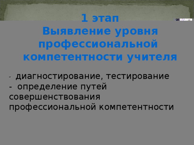 1 этап Выявление уровня профессиональной компетентности учителя - диагностирование, тестирование  - определение путей совершенствования профессиональной компетентности 