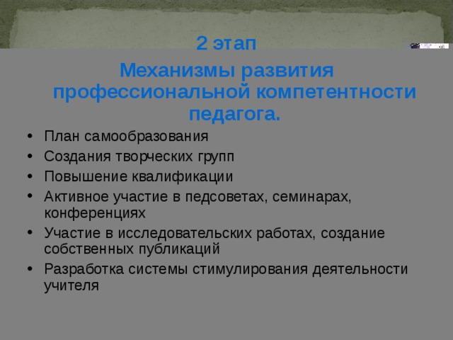 2 этап Механизмы развития профессиональной компетентности педагога. План самообразования Создания творческих групп Повышение квалификации Активное участие в педсоветах, семинарах, конференциях Участие в исследовательских работах, создание собственных публикаций Разработка системы стимулирования деятельности учителя 