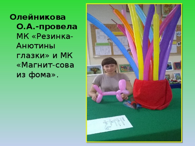 Олейникова О.А.-провела МК «Резинка-Анютины глазки» и МК «Магнит-сова из фома». 