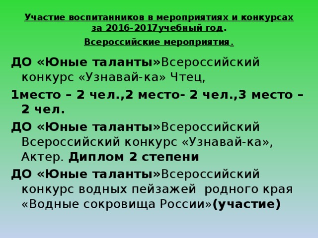 Участие воспитанников в мероприятиях и конкурсах за 2016-2017учебный год .  Всероссийские мероприятия . ДО «Юные таланты» Всероссийский конкурс «Узнавай-ка» Чтец, 1место – 2 чел.,2 место- 2 чел.,3 место – 2 чел. ДО «Юные таланты» Всероссийский Всероссийский конкурс «Узнавай-ка», Актер. Диплом 2 степени ДО «Юные таланты» Всероссийский конкурс водных пейзажей родного края «Водные сокровища России» (участие) 