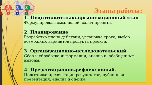 Этапы работы: Подготовительно-организационный этап . Формулировка темы, целей, задач проекта. 2. Планирование. Разработка плана действий, установка срока, выбор возможных вариантов продукта проекта. 3. Организационно-исследовательский. Сбор и обработка информации, анализ и обобщенные выводы. 4. Презентационно-рефлексивный. Подготовка презентации результатов, публичная презентация, анализ и оценка. 