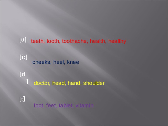 [ θ ] [i:] [d] [ t ] teeth, tooth, toothache, health, healthy cheeks, heel, knee doctor, head, hand, shoulder foot, feet, tablet, vitamin 