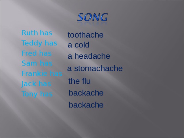 Ruth  has Teddy has Fred has Sam has Frankie has Jack has Tony has toothache a cold a headache a stomachache the flu backache backache 