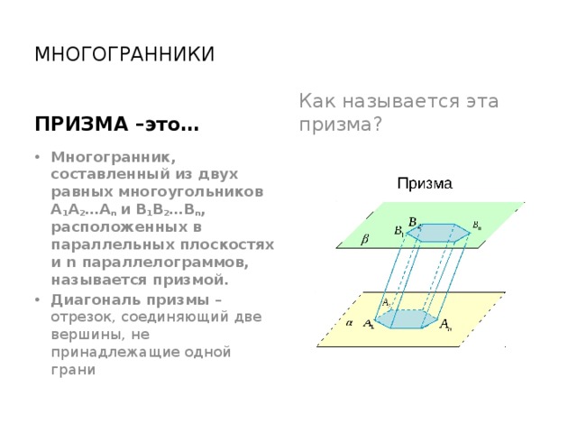 МНОГОГРАННИКИ ПРИЗМА –это… Как называется эта призма? Многогранник, составленный из двух равных многоугольников А 1 А 2 …А n  и В 1 В 2 …В n , расположенных в параллельных плоскостях и n параллелограммов, называется призмой.  Диагональ призмы  – отрезок, соединяющий две вершины, не принадлежащие одной грани 