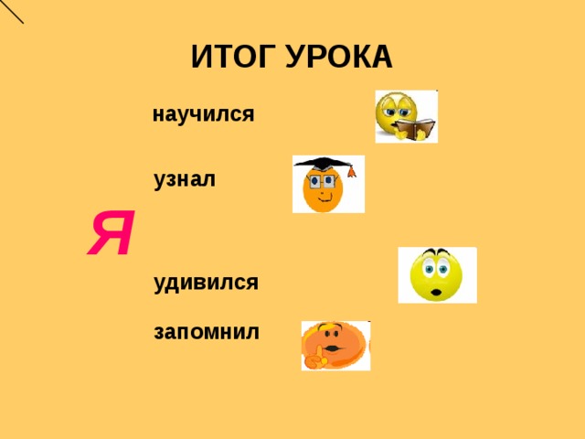 ИТОГ УРОКА  научился  узнал   Я  удивился   запомнил  