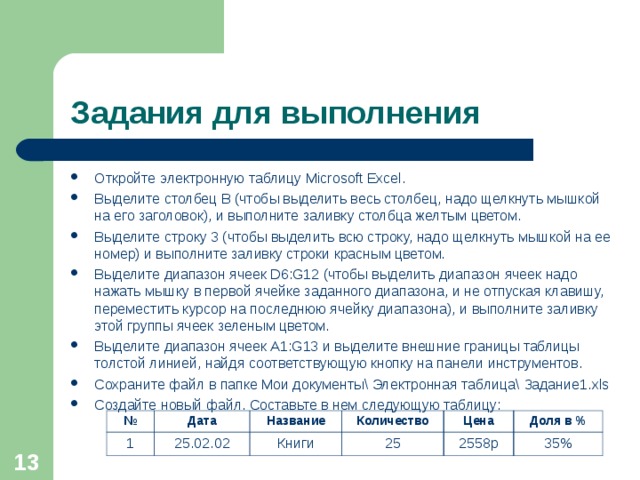 Задания для выполнения Откройте электронную таблицу Microsoft Excel . Выделите столбец В (чтобы выделить весь столбец, надо щелкнуть мышкой на его заголовок), и выполните заливку столбца желтым цветом. Выделите строку 3 (чтобы выделить всю строку, надо щелкнуть мышкой на ее номер) и выполните заливку строки красным цветом. Выделите диапазон ячеек D6:G12 (чтобы выделить диапазон ячеек надо нажать мышку в первой ячейке заданного диапазона, и не отпуская клавишу, переместить курсор на последнюю ячейку диапазона), и выполните заливку этой группы ячеек зеленым цветом. Выделите диапазон ячеек А1: G13 и выделите внешние границы таблицы толстой линией, найдя соответствующую кнопку на панели инструментов. Сохраните файл в папке Мои документы\ Электронная таблица\ Задание1. xls Создайте новый файл. Составьте в нем следующую таблицу: № Дата 1 Название 25.02.02 Книги Количество Цена 25 2558р Доля в % 35%  