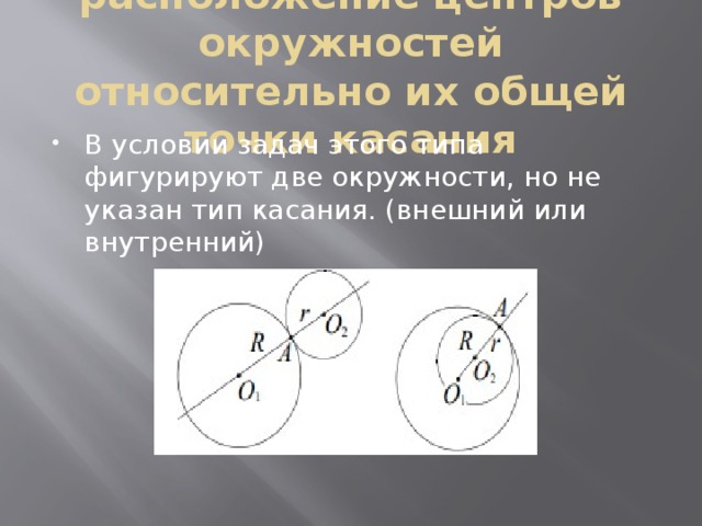 расположение центров окружностей относительно их общей точки касания В условии задач этого типа фигурируют две окружности, но не указан тип касания. (внешний или внутренний) 
